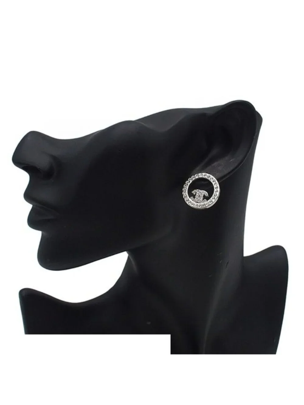 Chanel Earrings Silver Metal Rhinestone CC Logo